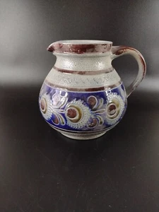 Large Stoneware Pitcher Stamped West Germany Blue & Brown 6" Tall Artist Signed - Picture 1 of 9