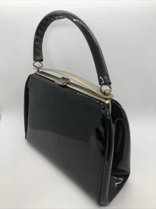 Vintage Mid Century Black Patent Leather Handbag Purse Top Handle Goldtone Clasp - Picture 1 of 22