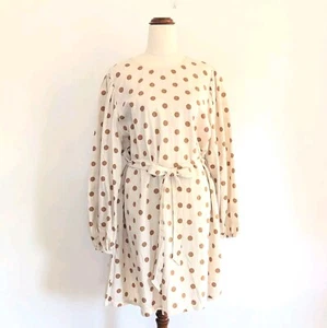 Sportsgirl Dress Au 14-16 Linen Blend Tan Ecru Polkadot Long Sleeve - Picture 1 of 12