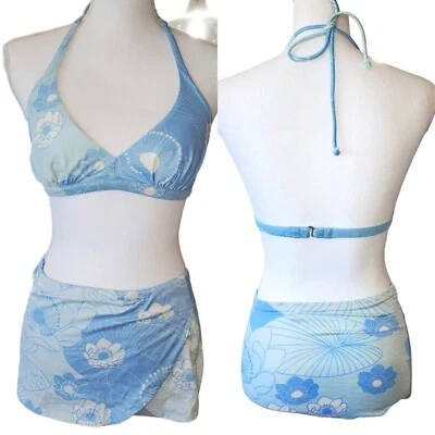 Bikini Vintage Años 60 70 Pinup Estilo Retro Falda Azul Halter Floral S/M LEER Foto 1 de 4