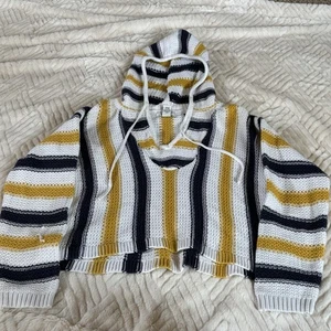 Forever 21 Cropped Baja Hoodie Yellow White Blue Stripes 100% Cotton Sz S Y2K - Picture 1 of 6
