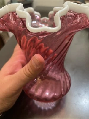 Fenton Cranberry Vintage Swirl Vase Ruby Snowflake White Edges 7" Glass Ruffle - Image 1 of 4