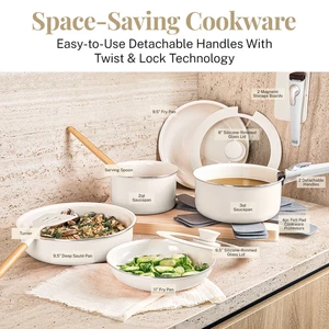18 Pcs Ceramic Pan Cookware Set W/ Detachable Handle Secure Lock - Picture 1 of 8