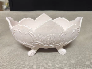Vintage Mid Century Jeanette Pink Milk Glass Ornate Footed Oval Bowl 1950s - Picture 1 of 4
