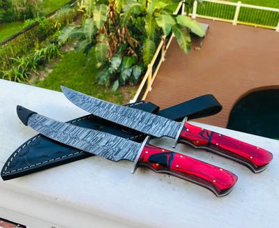 Cuchillo Bushcraft Hecho a Mano Damasco Hoja de Acero Madera/Resina Mango Funda de Cuero Foto 1 de 4