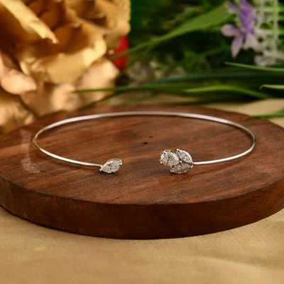 Minimalist Open Lab Grown CVD Diamond Cuff Bangle Bracelet 18K Solid White Gold - Image 1 of 4