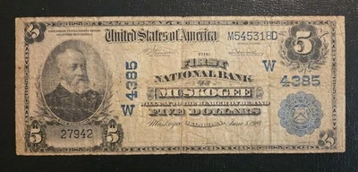 Muskogee, Oklahoma $5 1st National Bank 1902 Plain Back National Currency... - Image 1 of 2