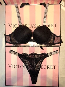 Reggiseno push up Victoria's Secret cinturino lucido 32D perizoma medio pizzo nero - Foto 1 di 4