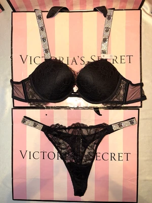 Victoria's Secret Push Up Bra Shine Strap 32C Medium Thong Black Lace - Image 1 of 4