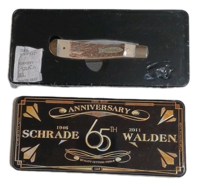 Nuevo cuchillo de pez de bolsillo Schrade Walden 65 aniversario SCWALD292ST ciervo estaño sellado Foto 1 de 4