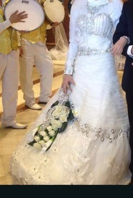 Hochzeit Stickerei Diamant Brautkleid Stein Spitze Hijab Tesettür Kopftuch Elbis - Bild 1 von 4