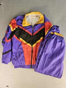 Vtg G Casuals 90’s Windbreaker Jacket & Pants Tracksuit Sz Med Purple ColorBlock - Picture 1 of 21