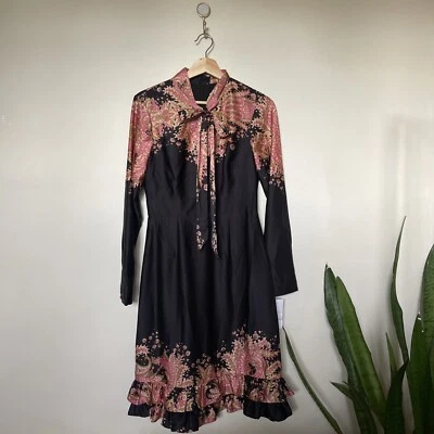 Vestido de diseñador Mikael Aghal negro floral manga larga cuello atado para mujer talla 4 $400 Foto 1 de 4