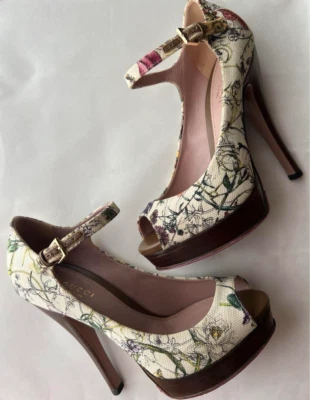 GUCCI Puntera Abierta Floral Bombas Plataforma Talla 35.5 EE. UU. 5.5 JP 22.5 cm Outlet Artículo Auténtico Foto 1 de 4