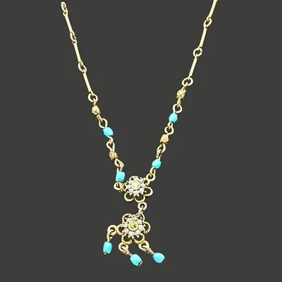 Vintage Avon SP Womens Gold Tone Turquoise Beaded Pendant Necklace Flower Tribal - Image 1 of 4