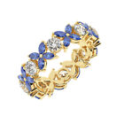 5.5 MM Claw Set Round & Marquise Blue Sapphire Full Eternity Ring In 18K YG