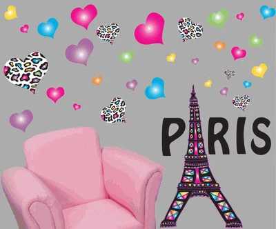 EIFFEL TOWER wall stickers MURAL 35 decals Paris leopard animal print hearts - Image 1 of 2