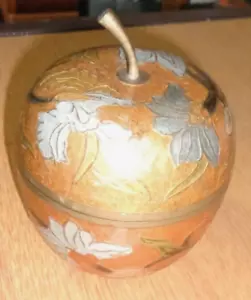 Vintage Brass Cloisonne Enamel Painted Apple Shaped Trinket Dish Pot With Lid - Picture 1 of 14