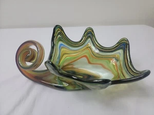 Mid Century Vintage Green Swirl Art Glass Murano Style Vase Bowl Centerpiece MCM - Picture 1 of 12
