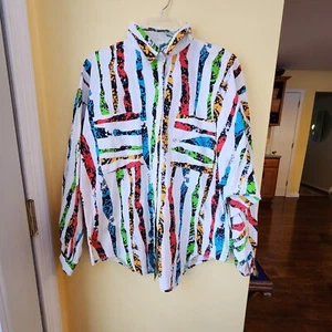 Vintage Lady 12 West Women's Button Down Neon 80s Long Sleeve Shirt Colorful - Picture 1 of 13