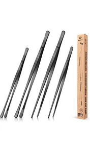 4 Pcs Fine Long Tweezer Tongs Professional Black, 12'' and 10'' Stainless Steel - Picture 1 of 9