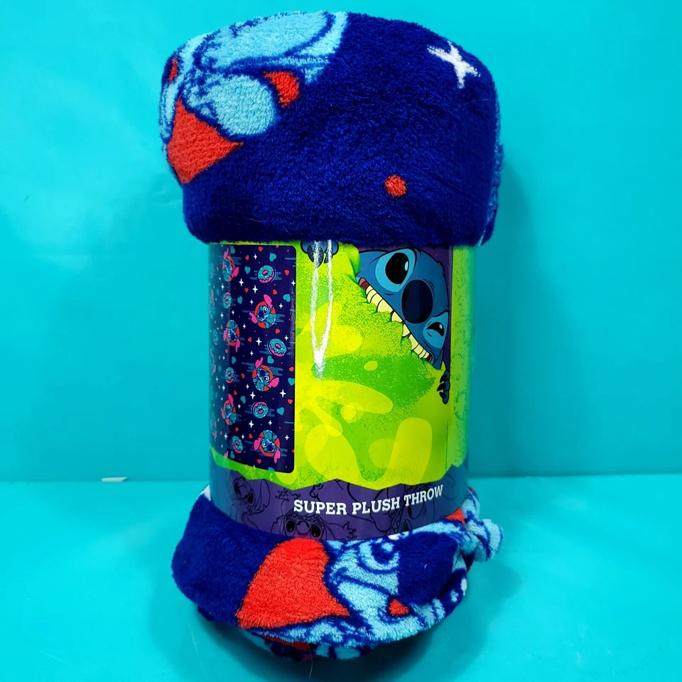 Disney Lilo & Stitch Blue Donuts Hearts Soft Plush Throw Blanket 46" "