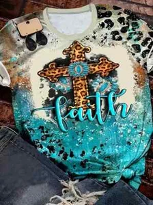Women's 5XL Christian cross t-shirt turquoise blue leopard print top - Picture 1 of 2