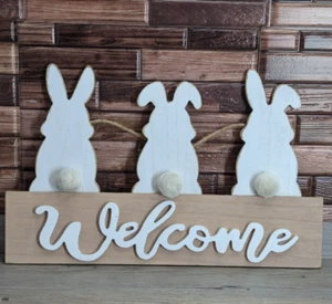 Easter Bunny Welcome Wooden Door Sign Cotton Tail 3 Rabbit 16" x 9.5" Direct Int - Picture 1 of 10