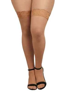 Women's Plus Size Beige Lace Top Thigh High Fishnet Tights - Picture 1 of 1
