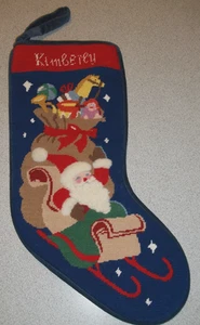 Needlepoint Christmas Stocking w/name "KIMBERLY" With Santa & Sleigh Vintage - Picture 1 of 6