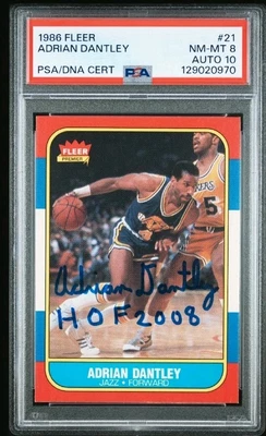 1986-87 Fleer Adrian Dantley #21 Auto Graph PSA 8 10 Dual Grade DNA Signed - Image 1 of 2