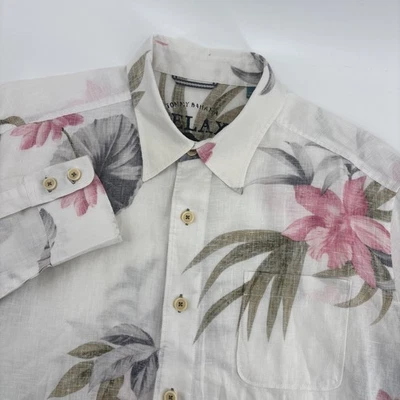 Tommy Bahama 衬衫男式中号白色花卉亚麻休闲长袖度假海滩 — 第 1/4 张图片