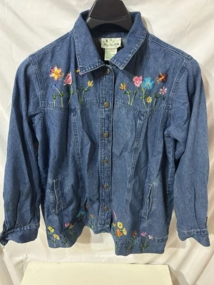 EUC Vintage Quacker Factory Jean Jacket Denim Embroidered Butterfly Flower Large - Image 1 of 4