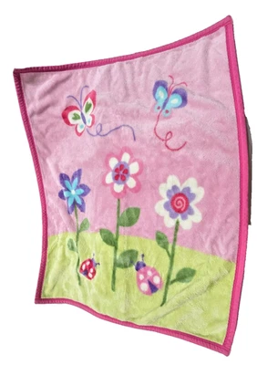 Messages From The Heart Fluffy Pink Baby Blanket White Flower Purple Butterfly - Image 1 of 4