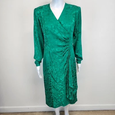 Vestido Floral Verde Argenti Vintage Talla 6 Cintura Reunida Manga Larga Seda Años 80 Foto 1 de 4