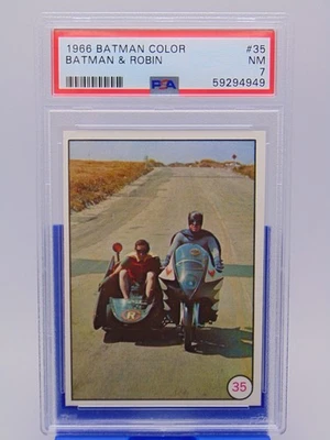 1966 Batman Color Bat Laffs Card #35 Batman & Robin Bat-Cycle PSA Graded NM 7 - Image 1 of 3