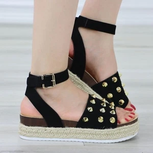 Espadrille Platform Heel Sandals Black Nubuck Metal Stud Open Toe - Picture 1 of 13