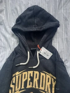 Superdry Womens Hoodie Jumper Hooded Ladies UK Size 8 XS Black Gold Sweatshirt - Picture 1 of 14