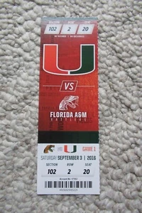 MIAMI HURRICANES VS RATTLERS 9/3/2016 FULL TICKET ~ MIAMI WON 70-3 - Picture 1 of 1