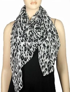 Sciarpa elegante oblunga moda avvolgente chiffon con splendido motivo leopardato nero/grigio - Foto 1 di 5
