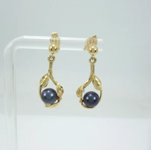 ELEGANTI ORECCHINI STILE GOCCIA/PENDENTE ORO GIALLO 14K PERLE NERE TAHITIANE 3,3G - Foto 1 di 8