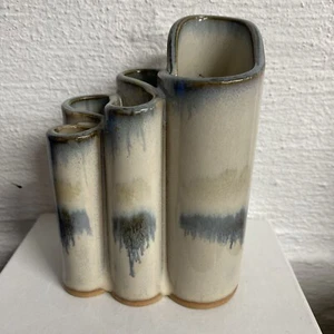 Bay Pottery 5 Chamber Ribbon Vase Beige And Blue Drip Glaze - Picture 1 of 7