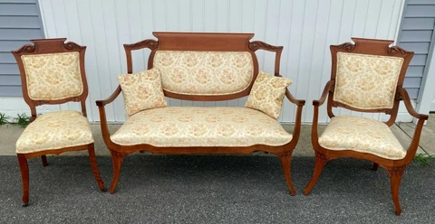 3 Piece French Settee and Chair Set Cherry Wood w/ Beautiful Pressed Design Cover