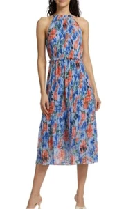 Elie Tahari Women Morgan Dress Blue Floral Midi Pleated Medium 8-10 NWT $425.00 - Picture 1 of 8