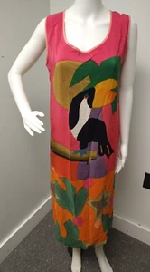 Vtg  womens Art to Wear Mosswear Silk dress Sleeveless TUCAN Medium Flaws - Picture 1 of 14