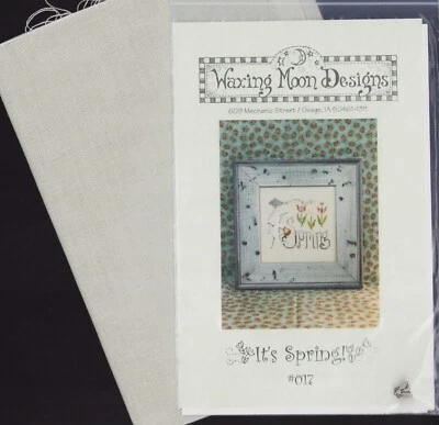 Cross Stitch Waxing Moon Designs Spring Garden Fly Charm & Linen Needlework OOP - Image 1 of 3