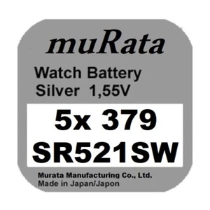 5x Murata/Sony 379 Uhren-Batterie Knopfzelle SR521SW AG0 Silberoxid Blister Neu