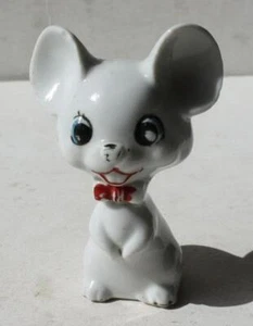 Mouse Figurine Red Bow Tie Buck Teeth White Mouse Sitting Ceramic Made in Japan - Picture 1 of 1