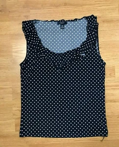 Chaps Sleeveless Polka Dot Top Womens M Navy Stretch Ruffled Neckline - Picture 1 of 10