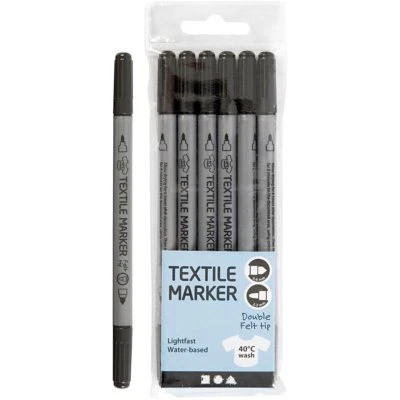 Creativ Company Duo Tip Fabric Textile Markers - Pack of 6 Black Pens, 2.3-3.6mm